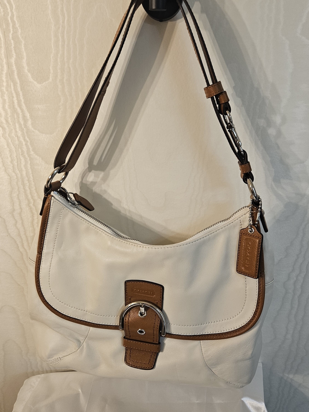 Coach Cream Leather Hobo with Brown Trim and Buckle